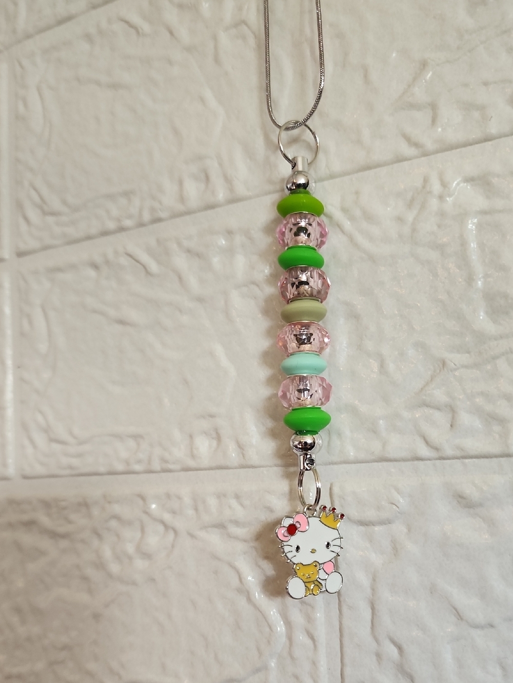 Rear View Mirror Accessory.Hello Kitty Pink & Green Beaded
